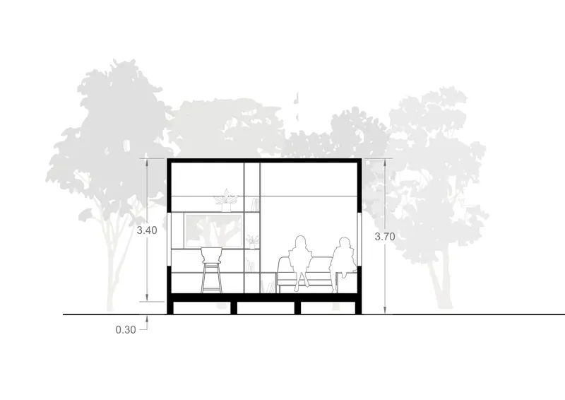 Section drawing showing two seated figures inside the raised interior with tree silhouettes flanking the structure