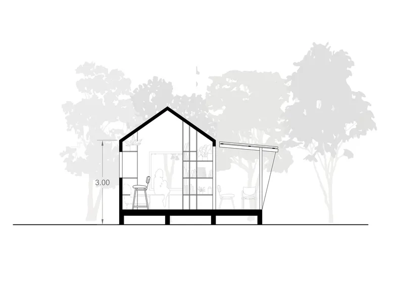 Section drawing showing gabled volume with glazed facade and elevated platform among silhouetted trees