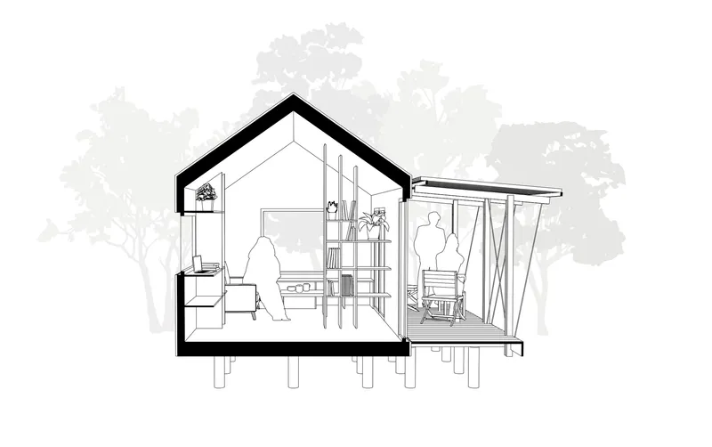 Section drawing revealing interior living spaces and covered porch with swing on timber piles