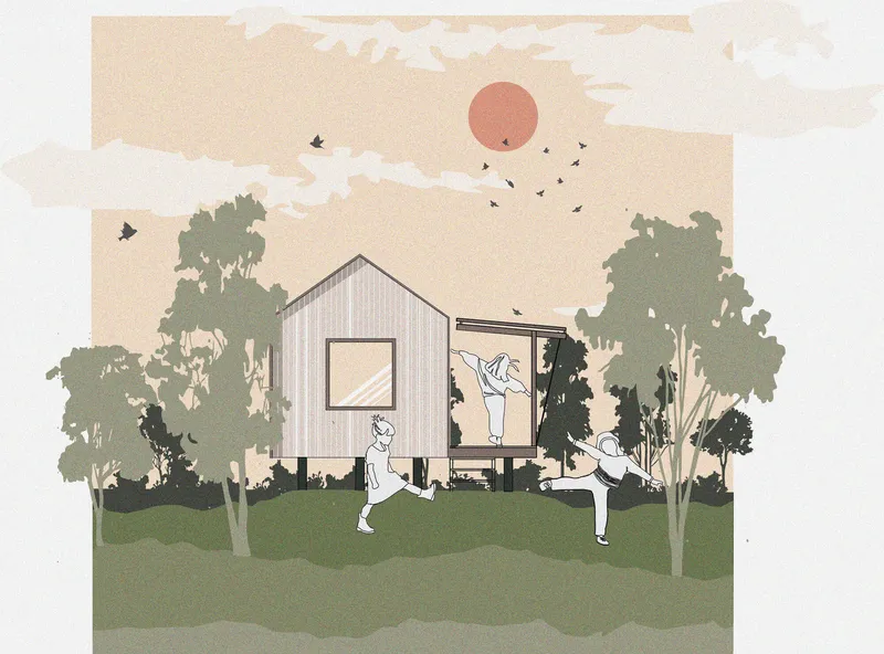 Rendered elevation of vertical-clad cabin with outdoor deck surrounded by figures and trees at sunset