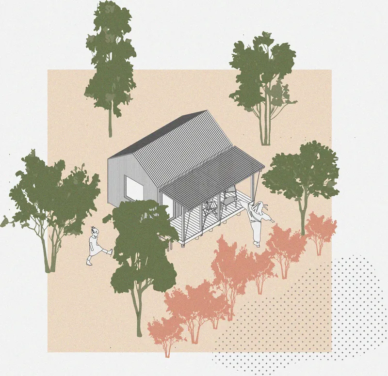 Axonometric drawing of corrugated-roof pavilion nestled among landscaped trees and shrubs with figures