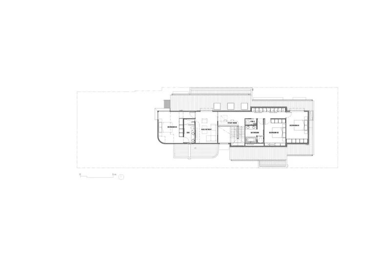 Upper floor plan drawing showing bedroom suites arranged along a central corridor with staircase access
