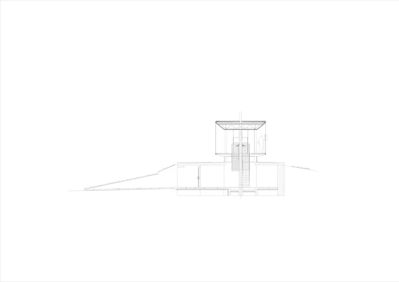 Section drawing depicting a central staircase connecting split levels within a geometric volume