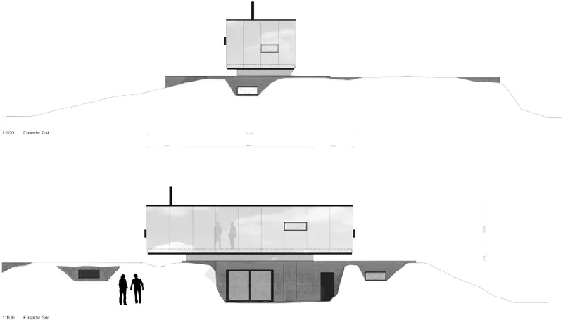 North and south elevation drawings showing a cubic volume with chimney and figures for scale