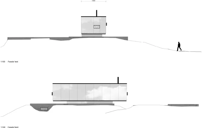 East and west elevation drawings showing the building nestled into the hillside with a walking figure