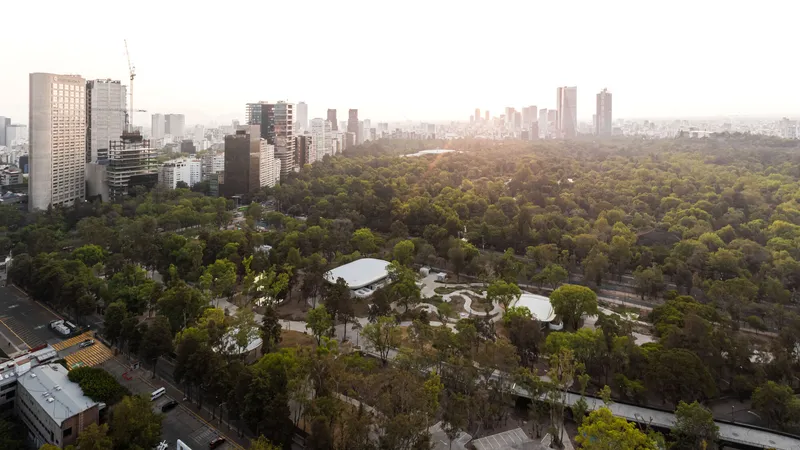 Aerial view of the curved roof pavilion nestled within dense park canopy and urban skyline