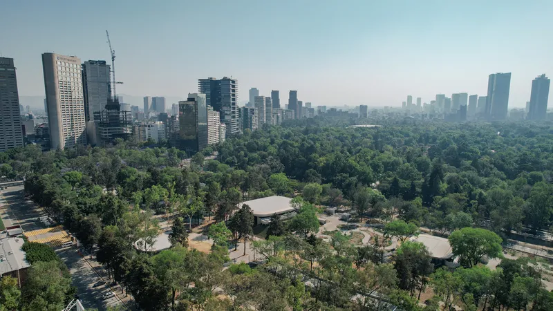Drone view showing the oval roof form within a landscaped park surrounded by dense urban development