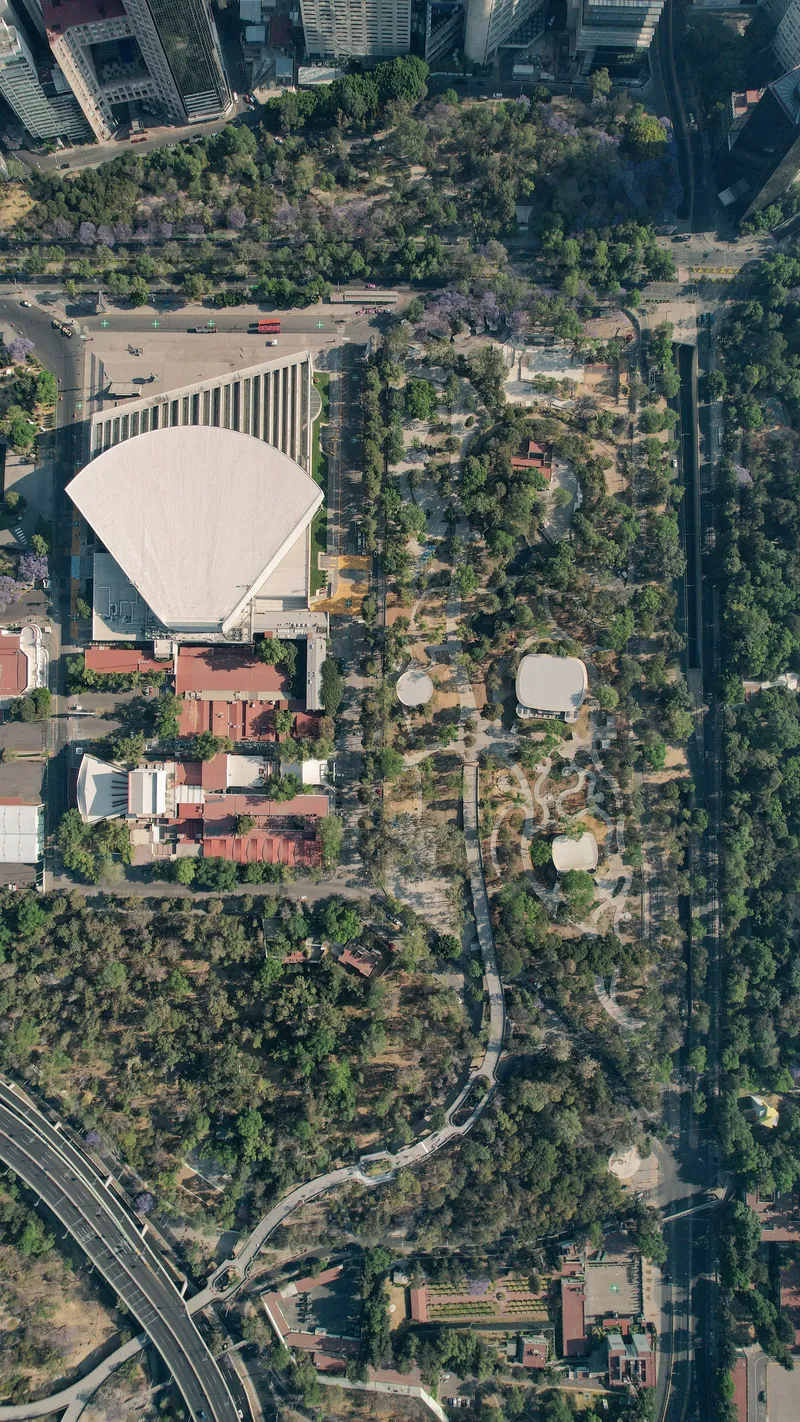 Top-down view of the shell-shaped roof and secondary pavilions scattered across the wooded grounds
