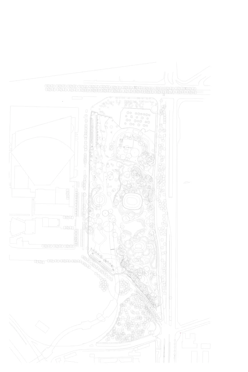 Site plan drawing showing the organic arrangement of buildings, pathways, and vegetation across the grounds