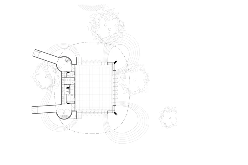 Floor plan drawing depicting a rectangular volume with curved corner extensions and surrounding landscape contours