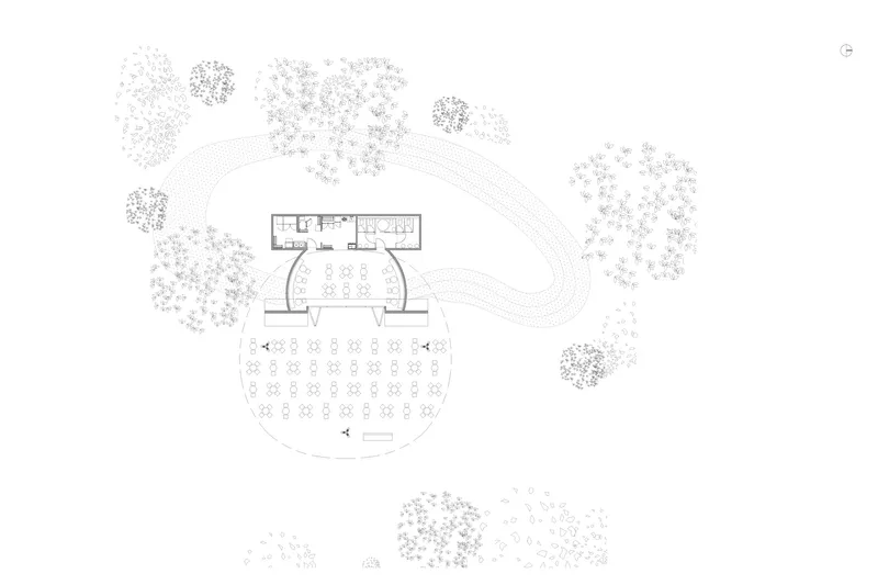 Site plan drawing showing a circular performance space with seating surrounded by trees and pathways
