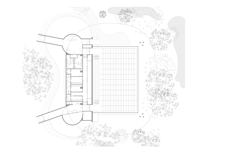 Site plan drawing showing a rectangular pool area adjacent to support spaces and curved landscape elements