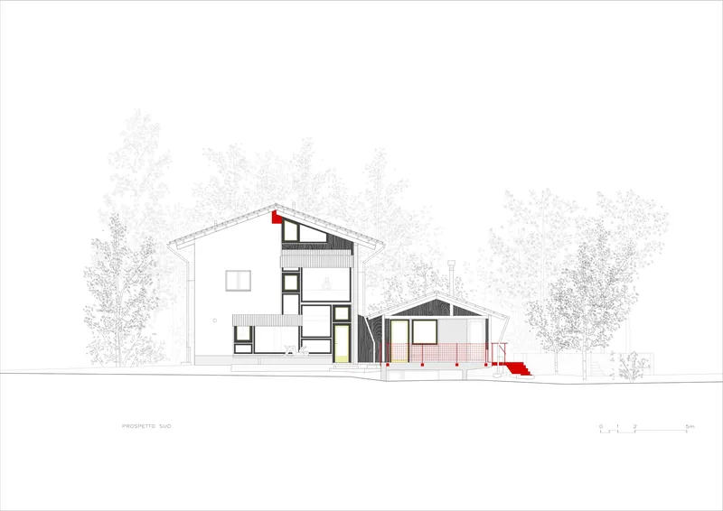 Elevation drawing showing a gabled house and lower annex with red exterior stairway