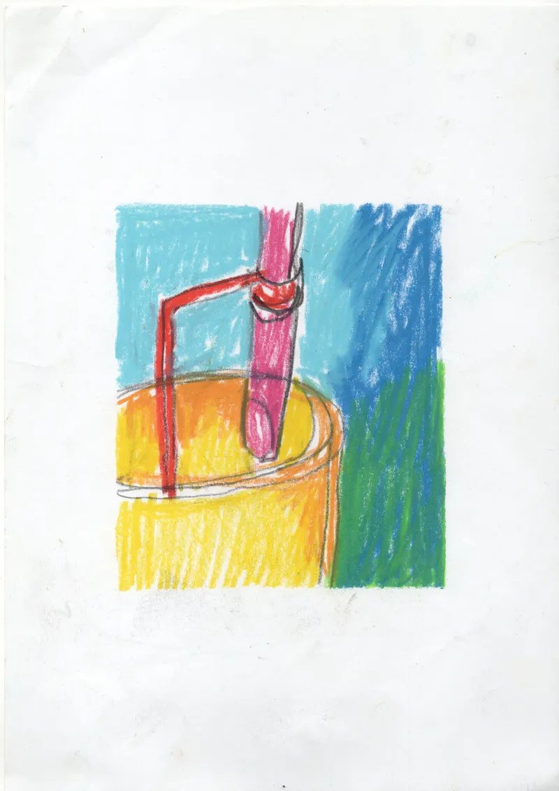 Colored pencil sketch of a cylindrical column with pink fabric wrapping and red strapping detail