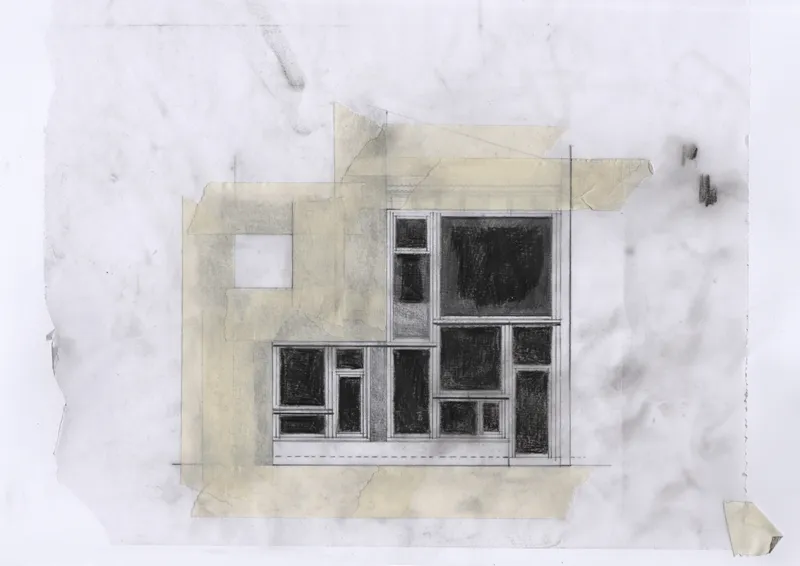 Elevation drawing of a staggered window grid set into a pale rendered wall