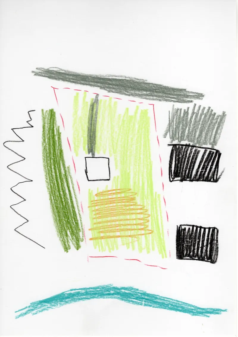 Conceptual sketch showing spatial zones with colored pencil hatching and outlined boundary forms