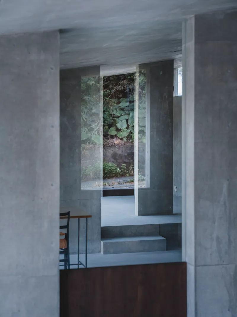 Concrete staircase leading up to glazed opening with vegetation visible beyond the threshold