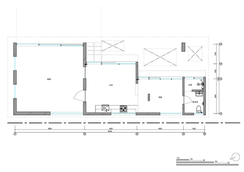 Floor plan drawing showing three linked rectangular volumes with central living space and courtyard openings