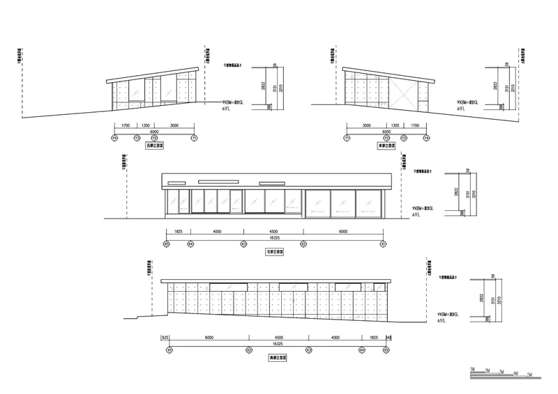 Elevation drawings showing four facades with sloped rooflines and glazed window patterns at varying heights