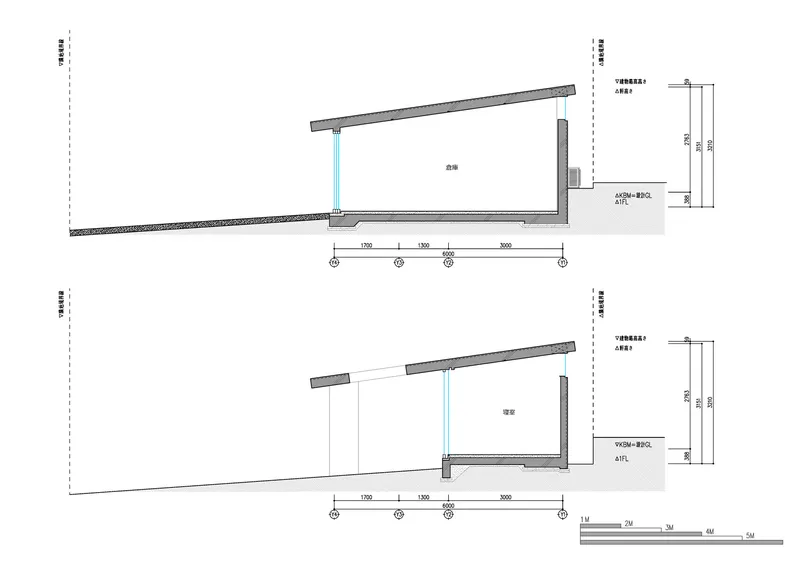 Section drawings illustrating the sloping roof structure and interior spatial relationships across two variations