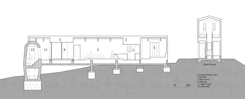 Section drawing showing sloped site with main residence and separate guest house structure