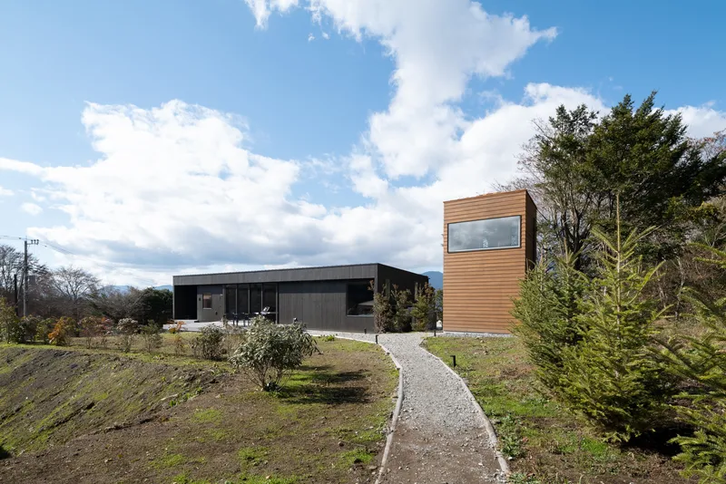 Gravel pathway leading to the horizontal dwelling and vertical cedar-clad tower on the landscaped site