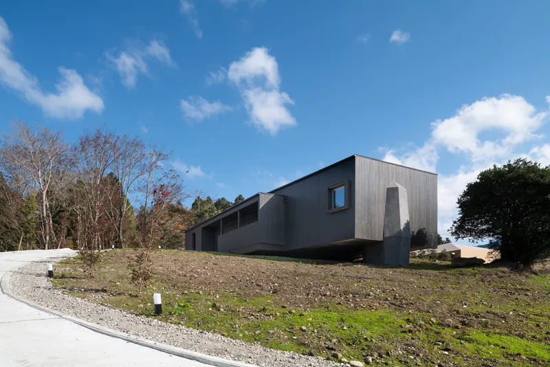 Cantilevered dark timber volume elevated above the sloped terrain with curved gravel pathway below