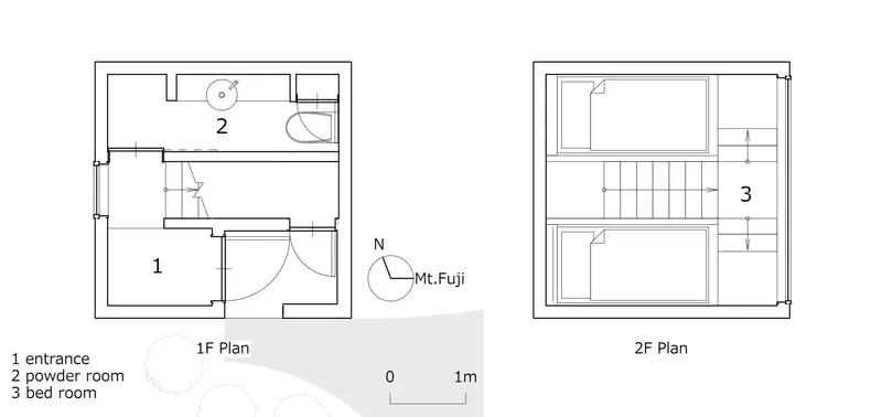 Two-level floor plan drawings showing entrance and powder room below, bedroom and stairs above
