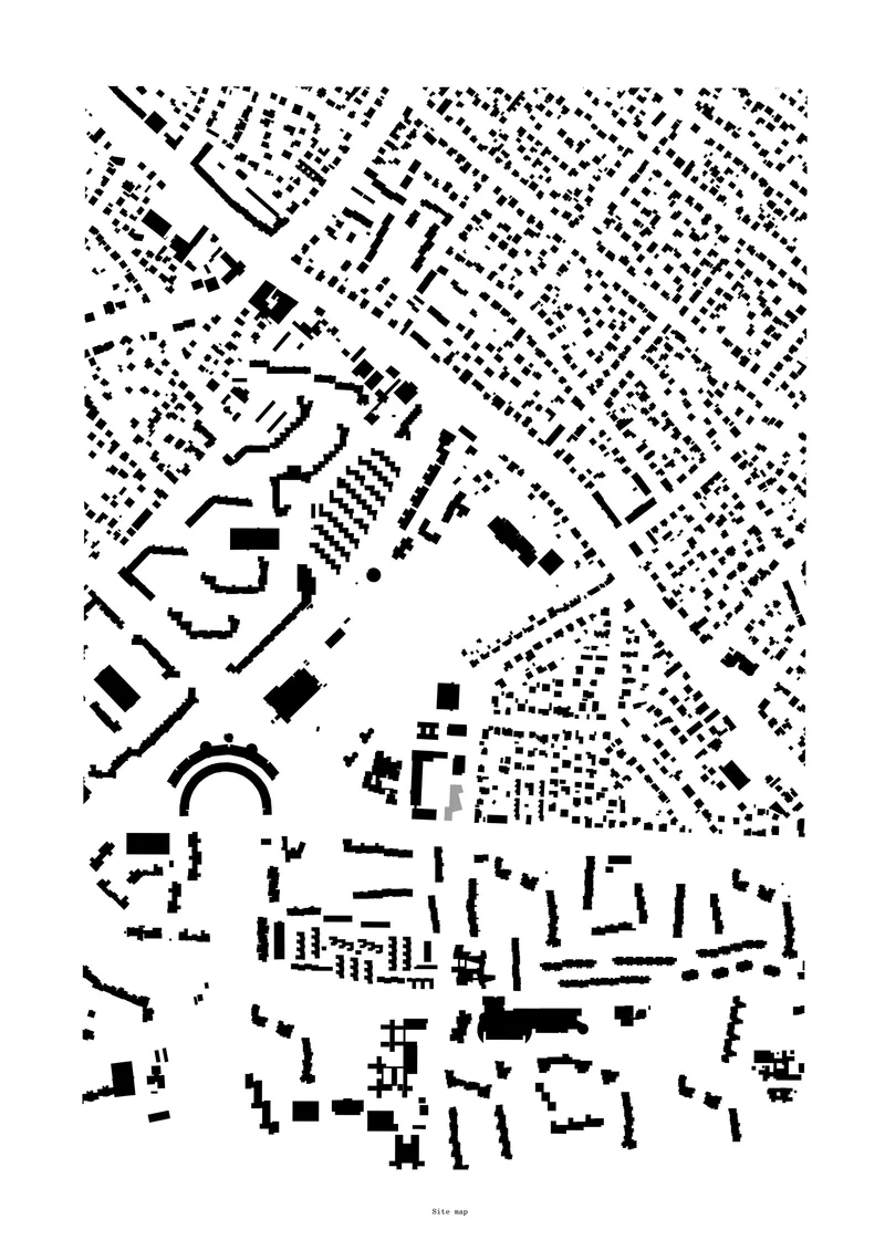 Site plan drawing showing angular building footprints amid urban fabric of surrounding streets and structures