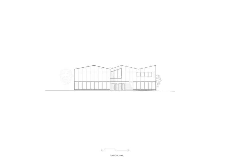 Elevation drawing of south facade with symmetrical gabled volumes and flanking trees