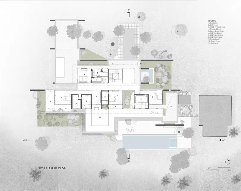 First floor plan drawing indicating bedroom suites and balcony areas above the lower level volumes