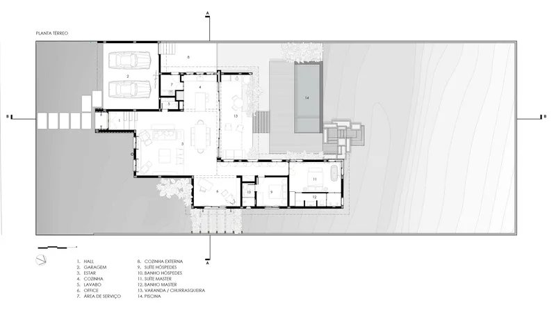 Ground floor plan drawing showing garage, living areas and pool with surrounding landscaping