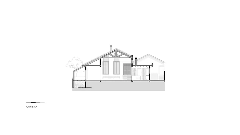 Section drawing showing the stepped interior volumes with exposed truss roofing and window openings