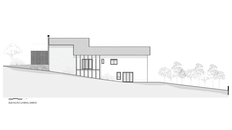 Side elevation drawing showing the two-story massing on sloped terrain with vertical slat screening