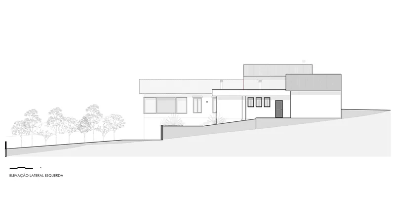 Left elevation drawing showing stacked volumes stepping up a sloped site with trees in outline