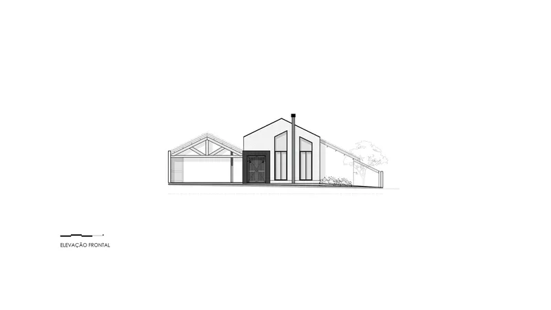 Front elevation drawing showing a central gabled volume flanked by exposed truss forms and a chimney