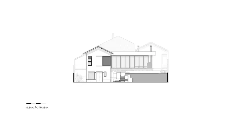 Rear elevation section drawing revealing interior levels and roof profiles with trees in outline