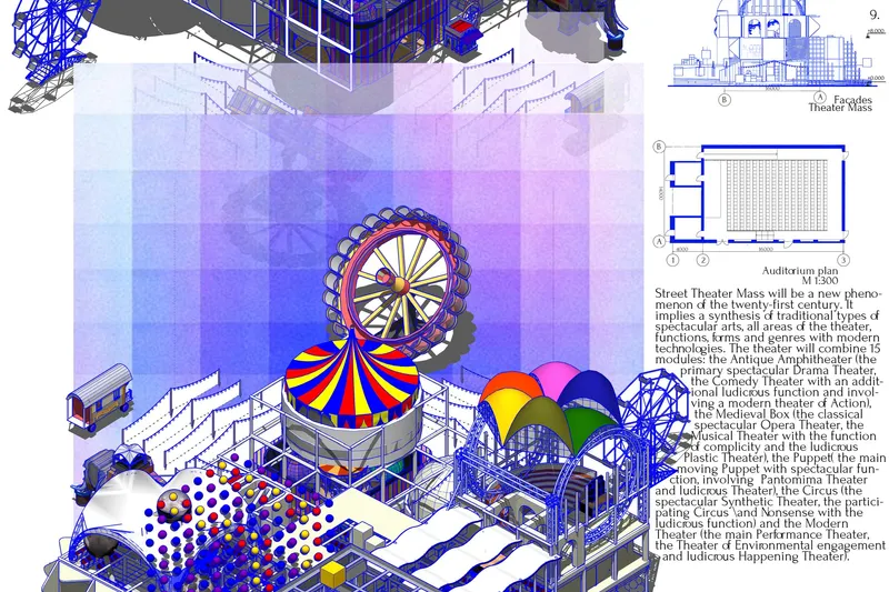 Experimental theater infrastructure integrating mobile modules, transport systems, and adaptive public performance spaces.
