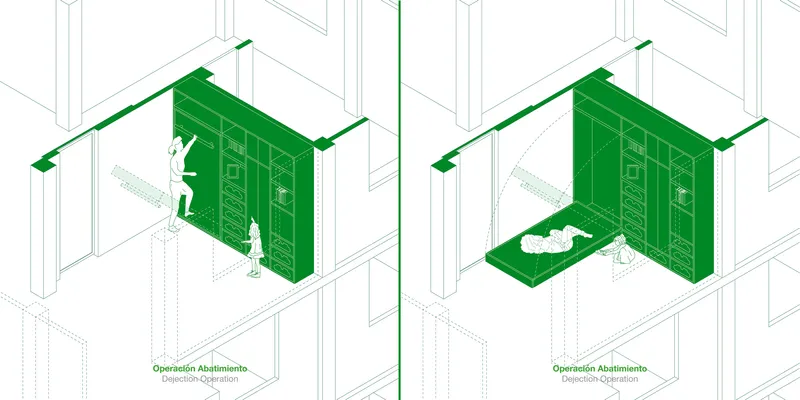 Axonometric drawing showing pivoting storage unit with figures demonstrating operation in two positions