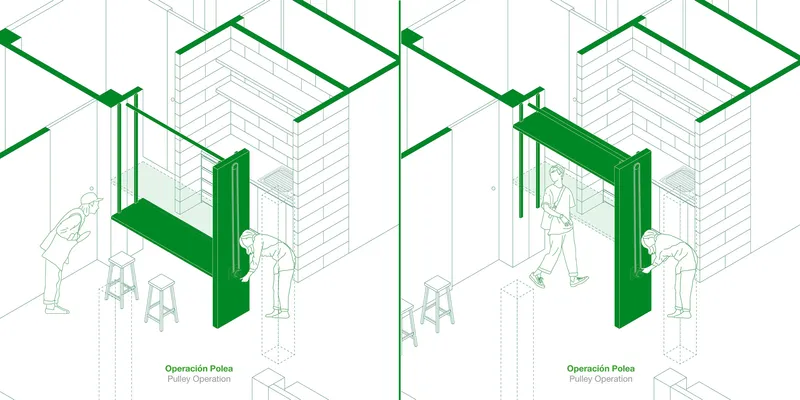 Isometric drawing illustrating pulley-operated green door panels that fold upward into the ceiling structure