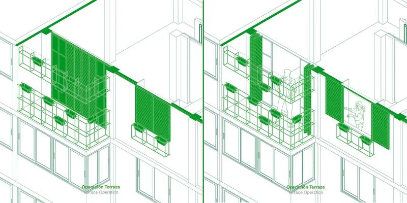 Isometric drawing depicting terrace-mounted green sliding screens in various open and closed configurations