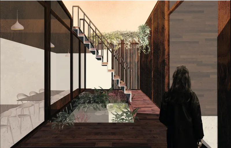 A light-filled courtyard creates a calm and protected atmosphere within the compact parasitic structure.