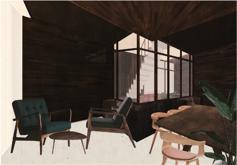 Warm timber interiors and framed courtyard views encourage community interaction within the conference space.