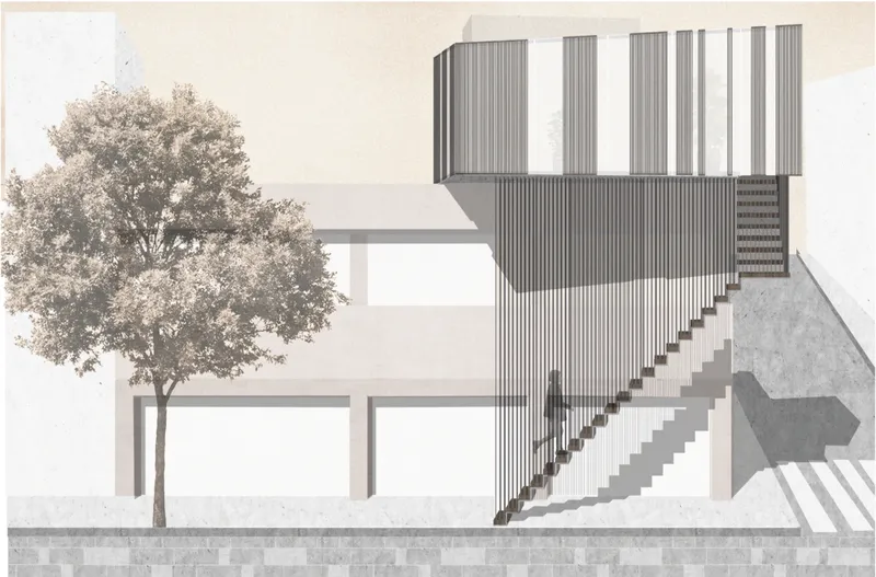 The elevated facade uses translucent panels and vertical screening to balance visibility, privacy, and urban presence.