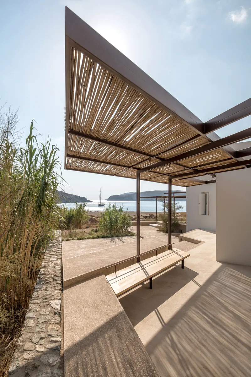 Covered terrace with slatted timber canopy and steel columns framing a bench beside tall grasses