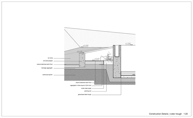 Construction detail section drawing showing water trough assembly with concrete parapet and drainage aggregate layers