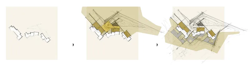 Axonometric drawing sequence showing three stages of roof form development with massing volumes highlighted in tan