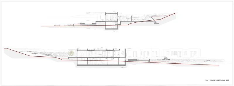 Section drawing showing two levels of the structure set into the sloping grade