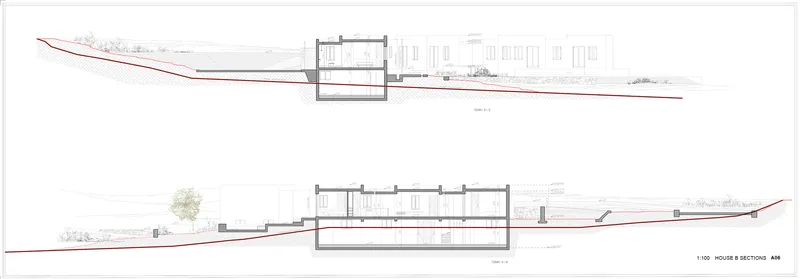 Section drawing showing the building embedded in the hillside with trees in the landscape