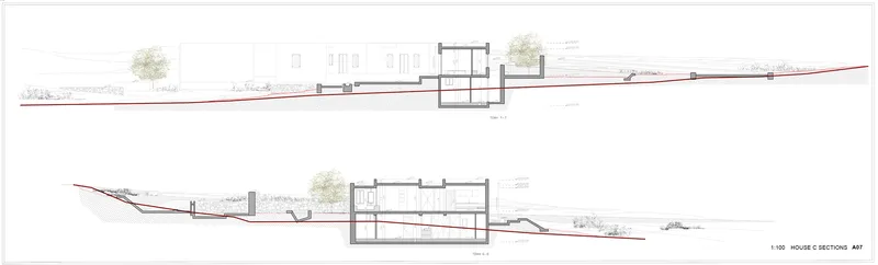 Section drawing showing the relationship between interior floors and the descending terrain outside